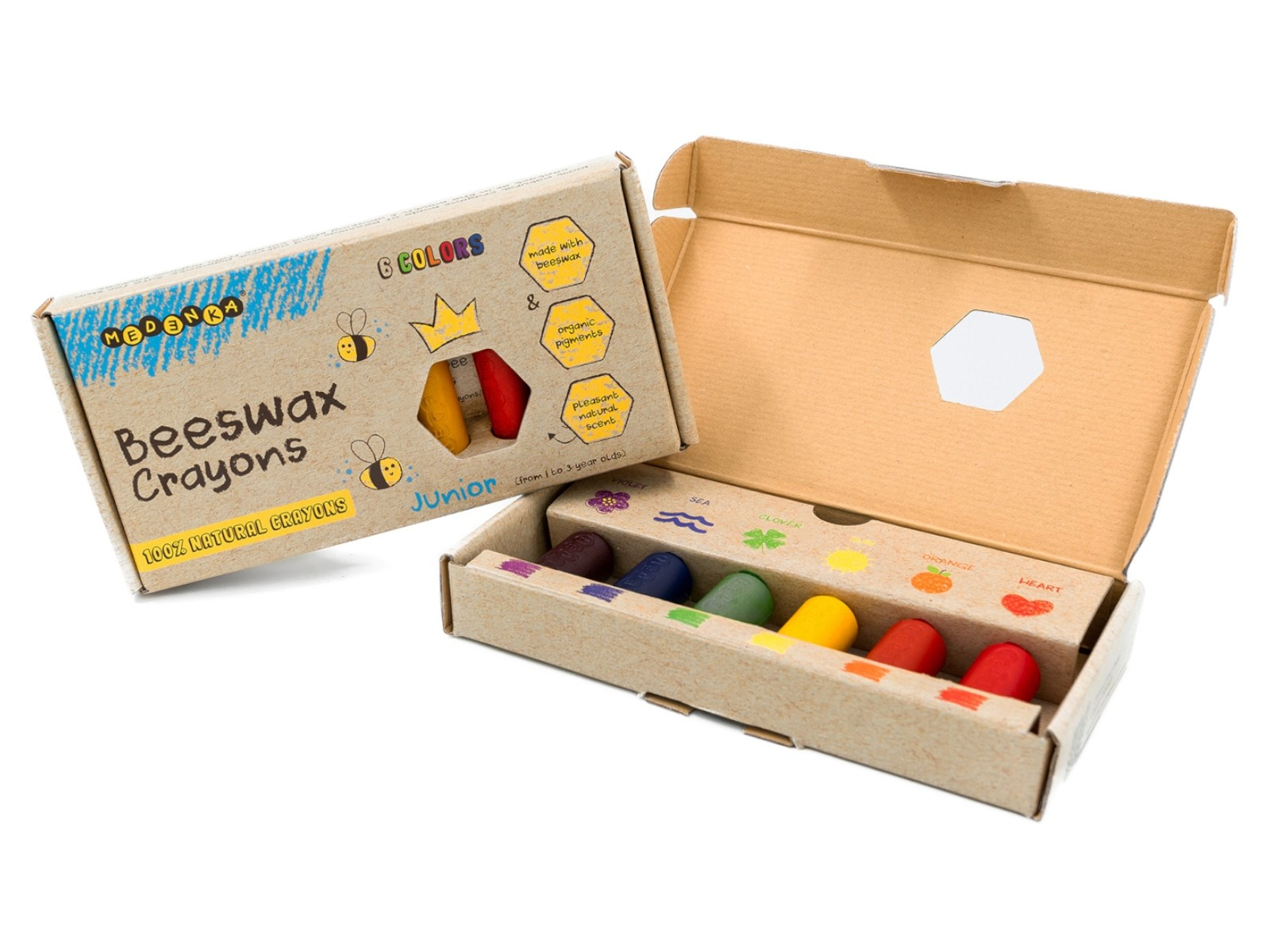 Bienen Wachsmalstifte Junior, 6 extra dicke Stifte Maße Stift 6 cm, Durchmesser 2 cm