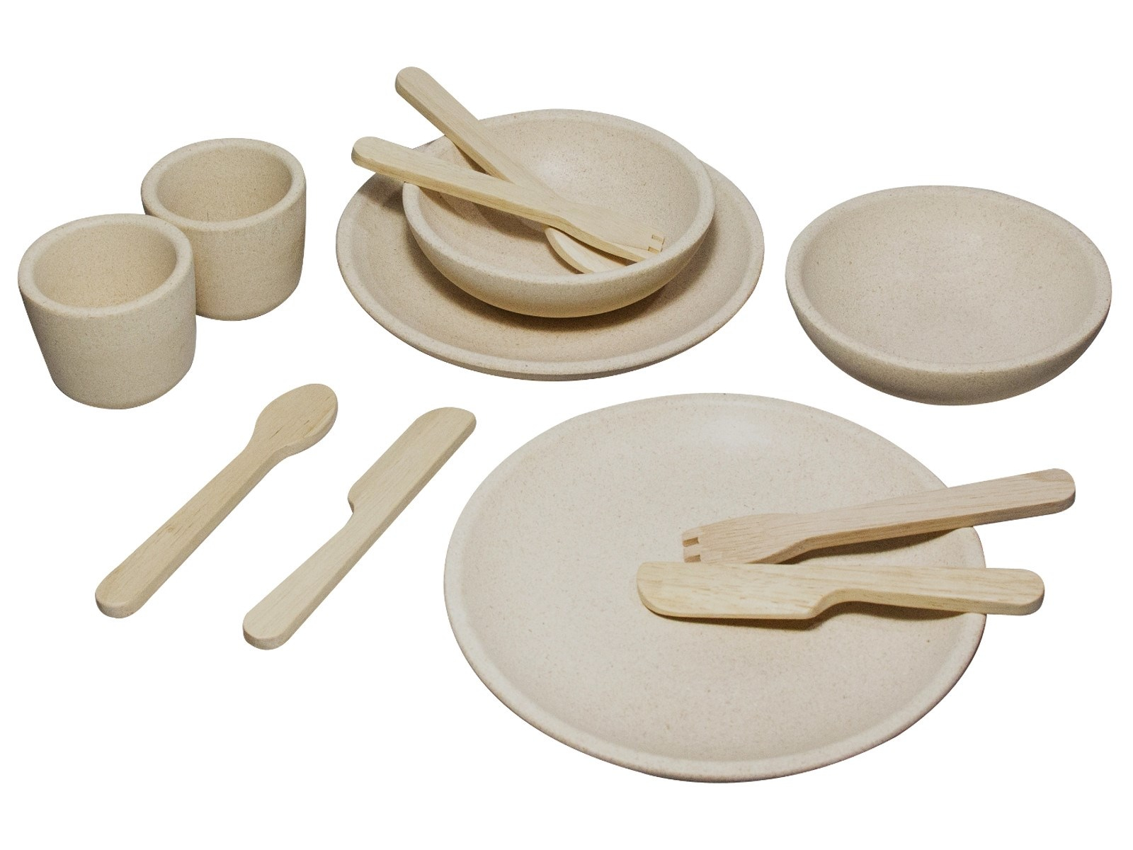 PlanToys Geschirr Set für die Kinderküche aus recyceltem Kautschukholz Durchmesser 16 cm, Höhe 1,9 cm