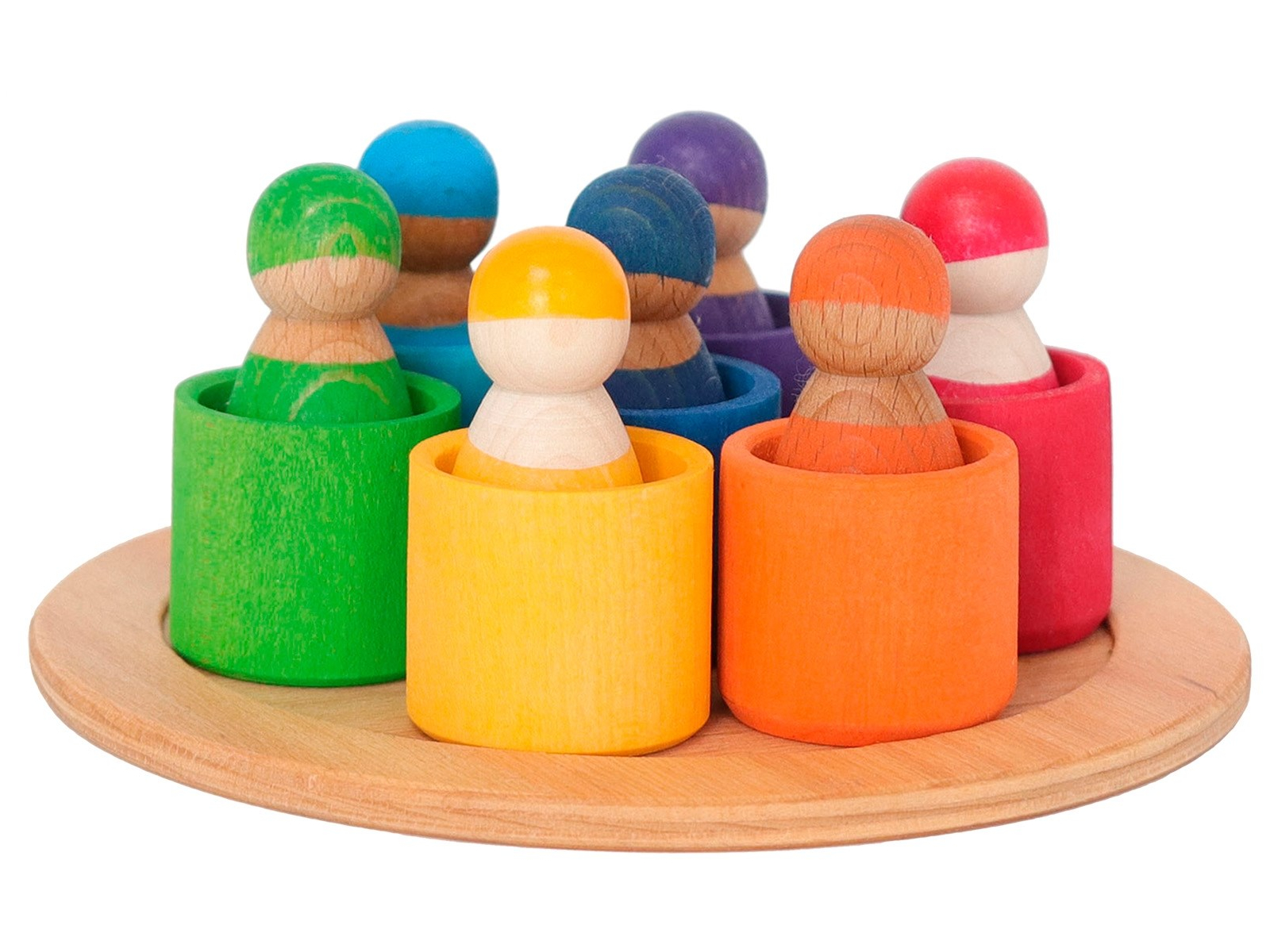 Grimms Sieben Freunde in Holzschälchen, 15-teilig aus Ahornholz, bunt lasier Tablett 18 cm, Figuren Höhe 6,5 cm