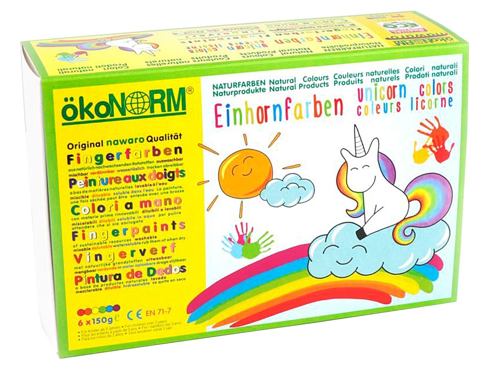 ökoNORM Fingerfarben "Einhorn" rot, orange, gelb, grün, türkis, violett