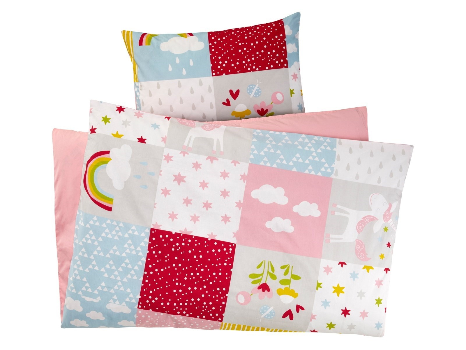 Kinderbettwäsche Bio-Baumwolle Patchwork Einhorn Bettbezug 135 x 200 cm, Kissen 40 x 80 cm