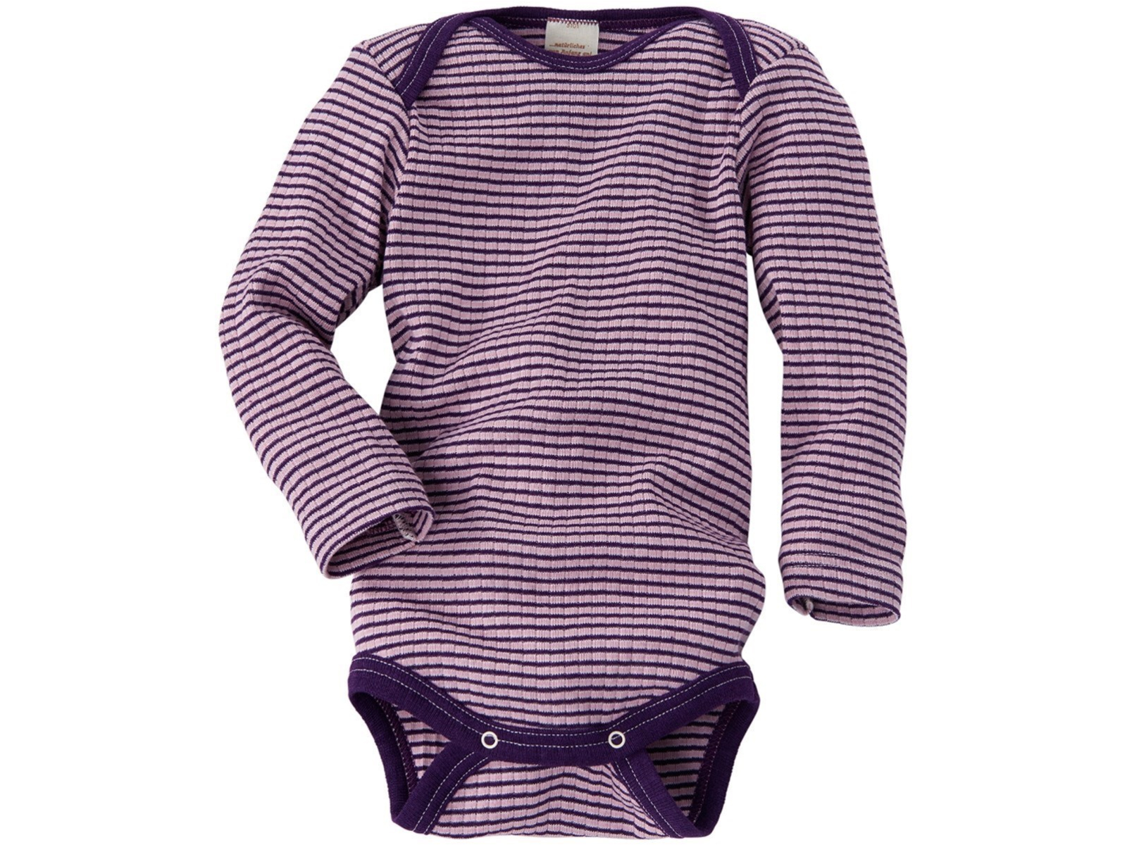 Cosilana Baby Body Langarm Baumwolle-Wolle-Seide rosa-pflaume-geringelt Gr.98/104