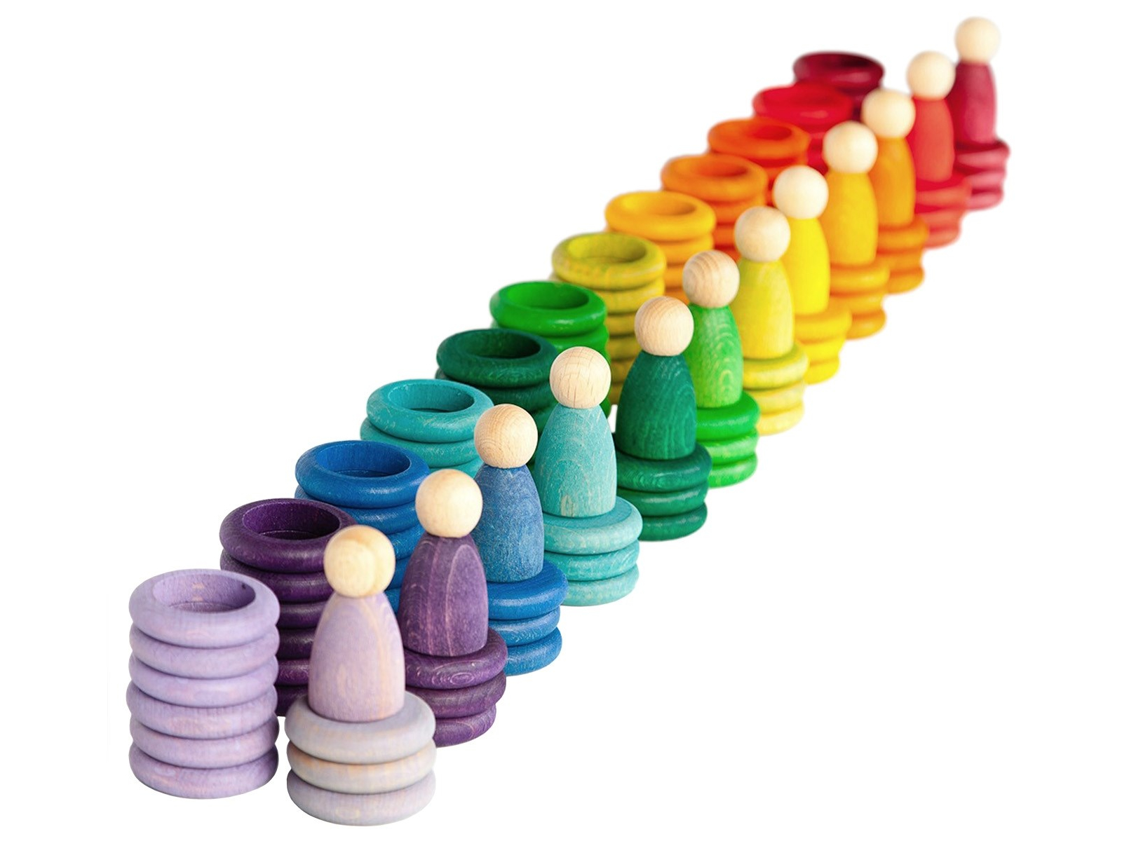 Holzfiguren "Nins®" mit Ringen und Scheiben, 120-teilig, bunt 12 Figuren, 72 Ringe und 36 Münzen