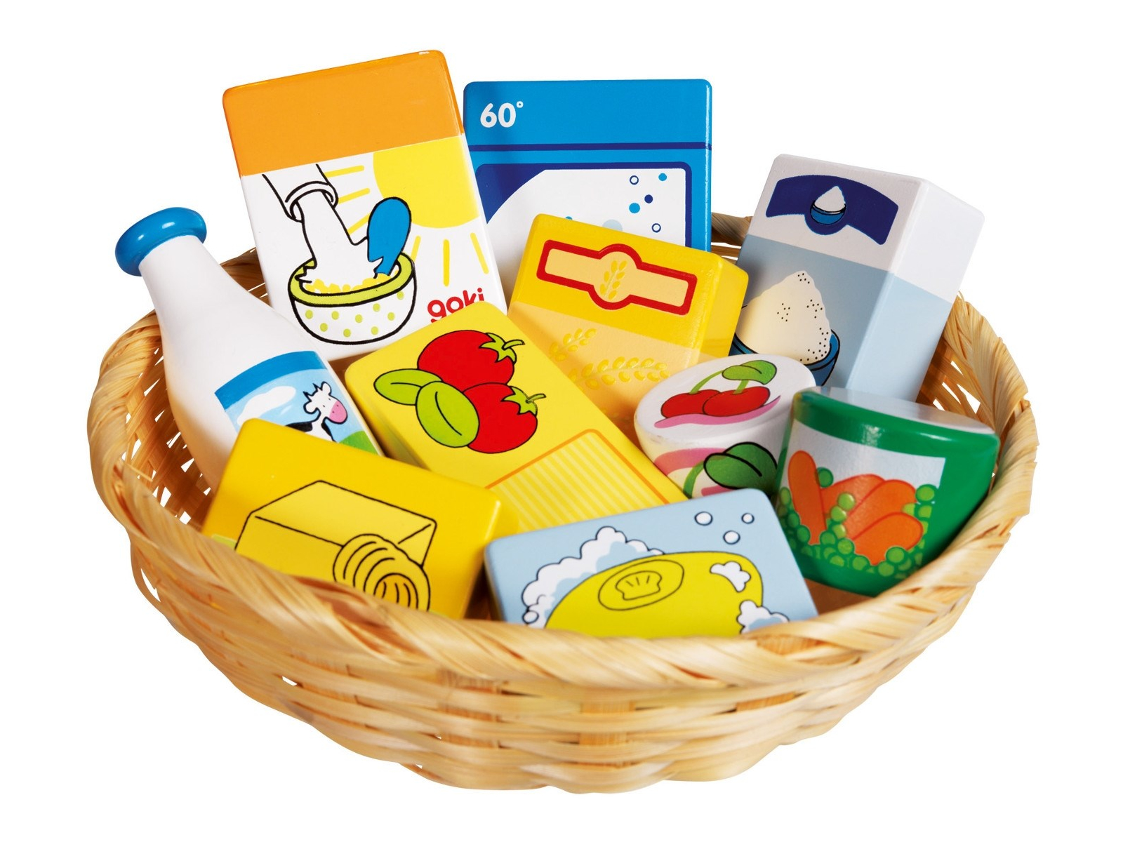 goki Kaufladen Lebensmittel + Haushalt aus Holz 10-teilig, Korb 21 cm