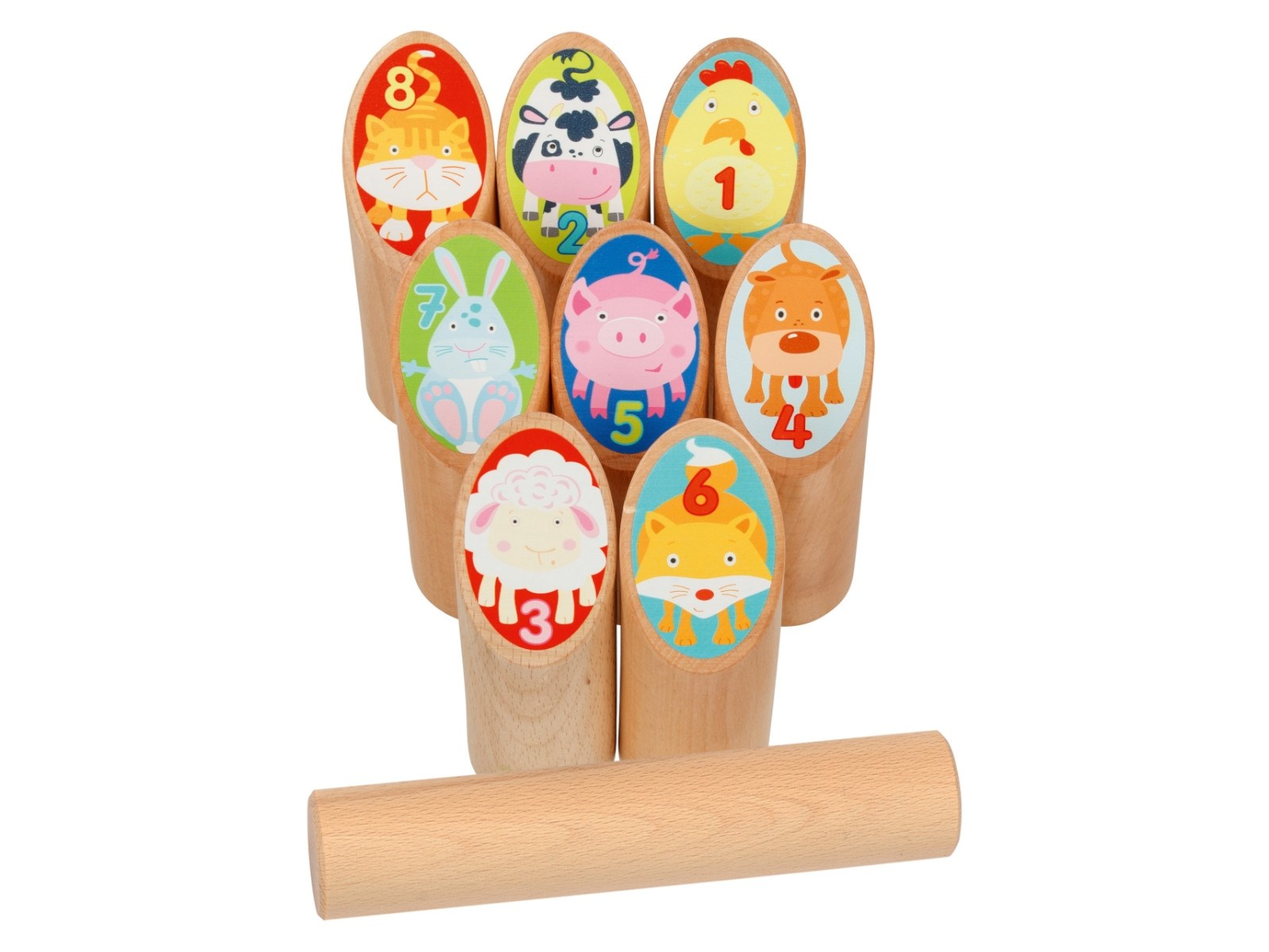 goki Kinder Wikinger Kubb Tiere aus Holz, 9-teilig, bunt lackiert Höhe 14,5 cm, Durchmesser 4,5 cm