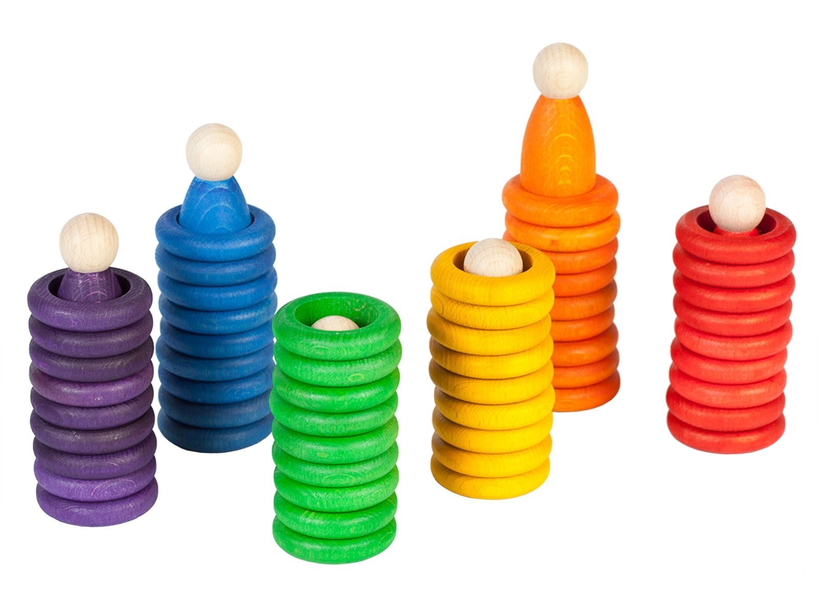 Holzfiguren "Nins®" mit Ringen und Scheiben, 60-teilig, bunt 6 Figuren, 36 Ringe und 18 Münzen