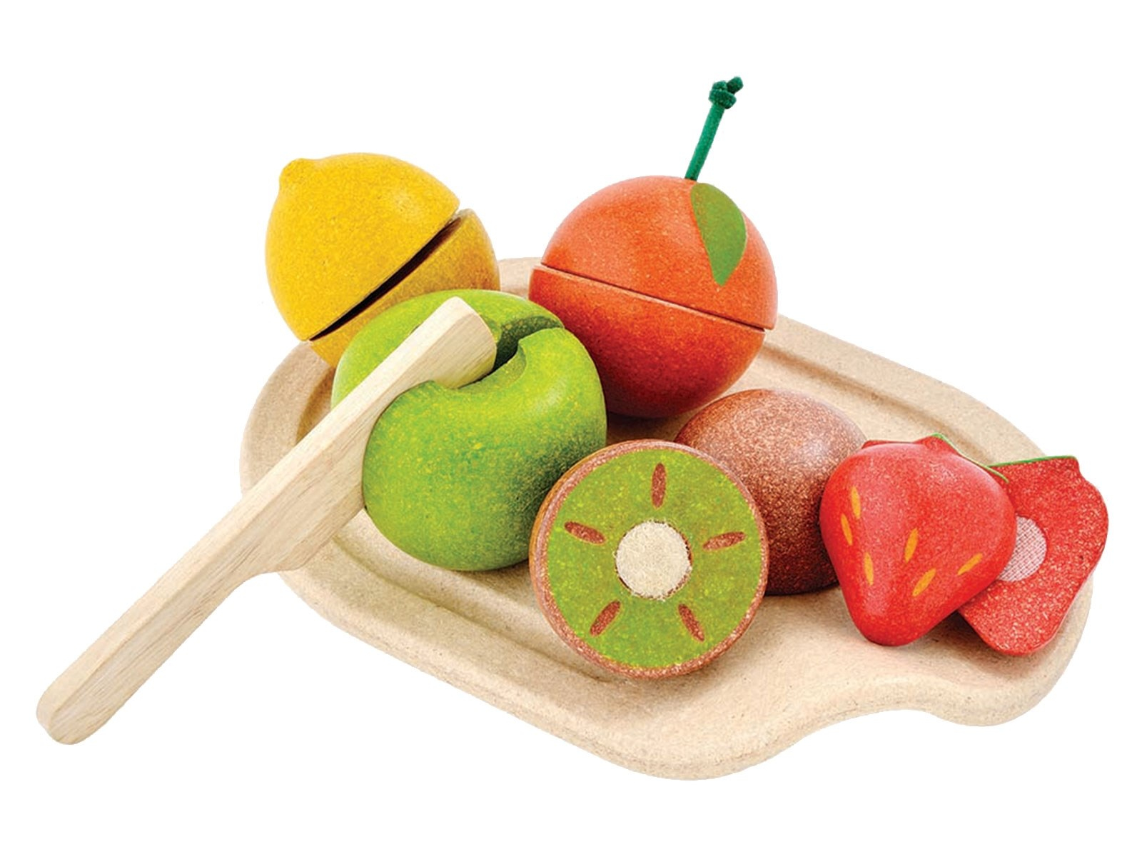 PlanToys Früchte, Klettverbindung Kinderküche Zubehör, recyceltes Kautschukholz Maße 19 x 13,5 x 3,1 cm