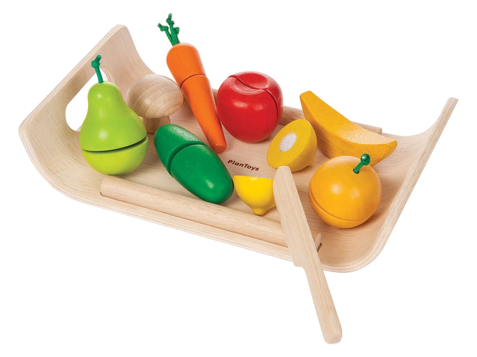 PlanToys Obst,Gemüse,Klettverbindung Spielküche Zubehör, Kautschukholz Maße 13 x 25 x 5 cm