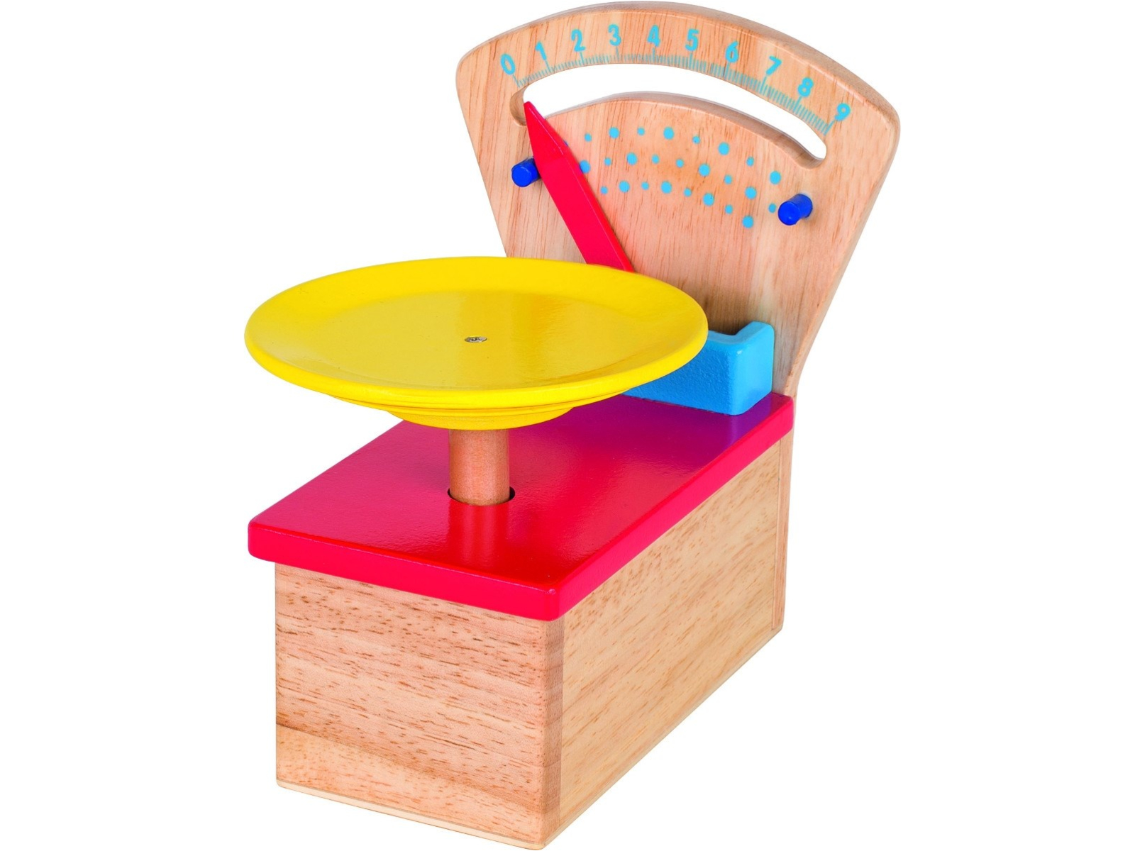 goki Waage für Kaufladen und Kinderküche, Gummibaumholz 12,6 x 15,2 x 17,2 cm