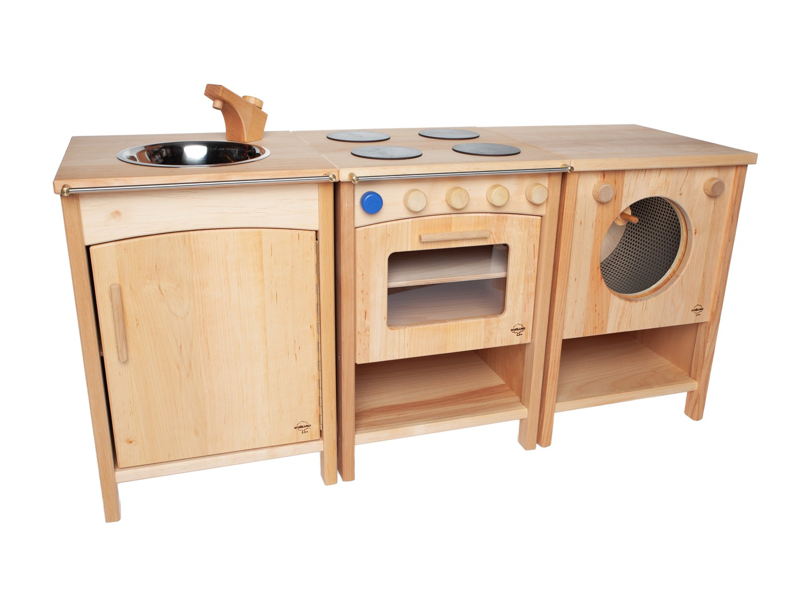 Kinderküche Set, Spüle, Herd, Waschmaschine, Erlenholz, geölt Maße je 50 x 35 x 35 cm