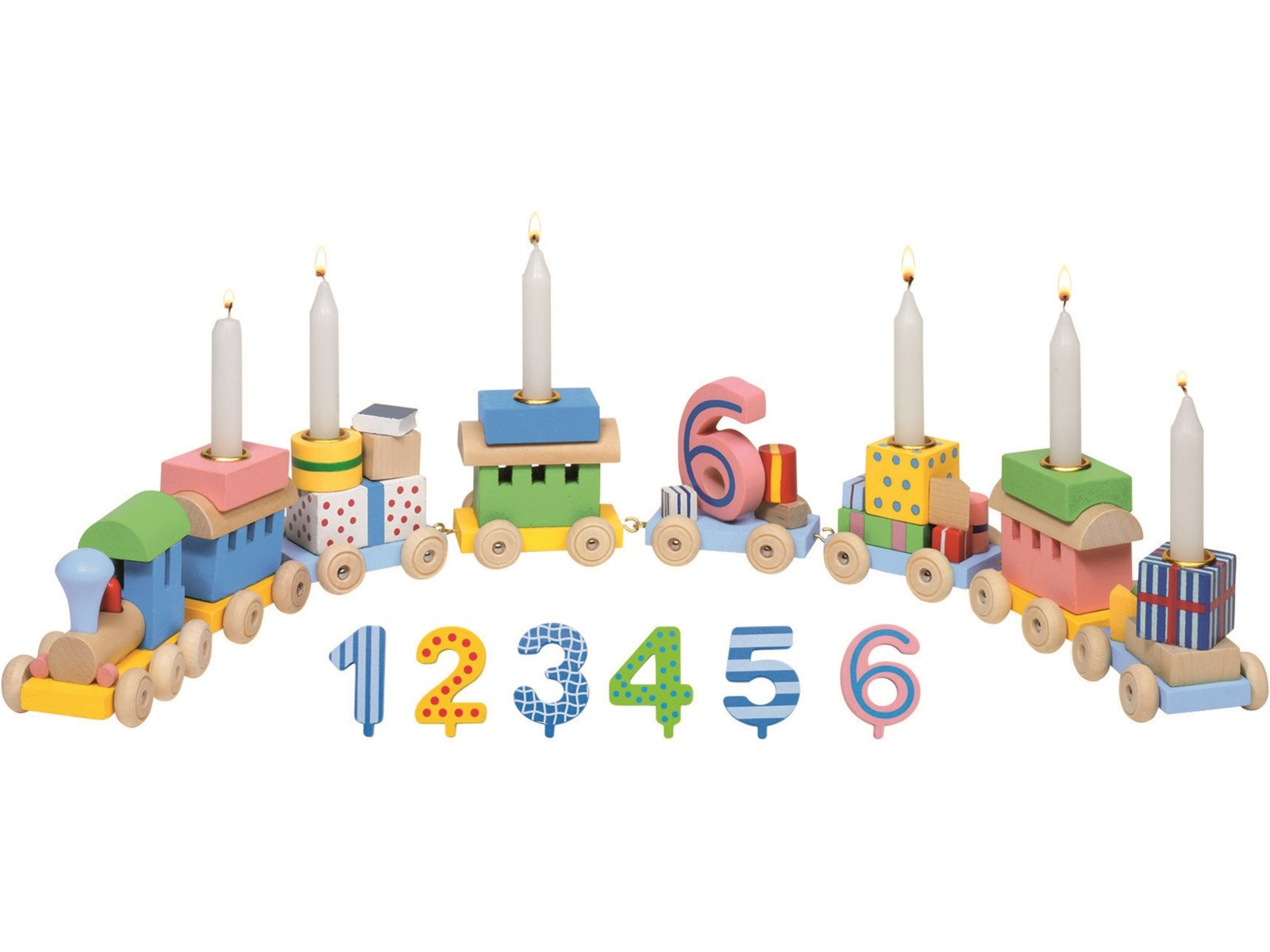 goki Geburtstagszug Eisenbahn aus Holz mit austauschbaren Zahlen 1-6 Länge 52 cm