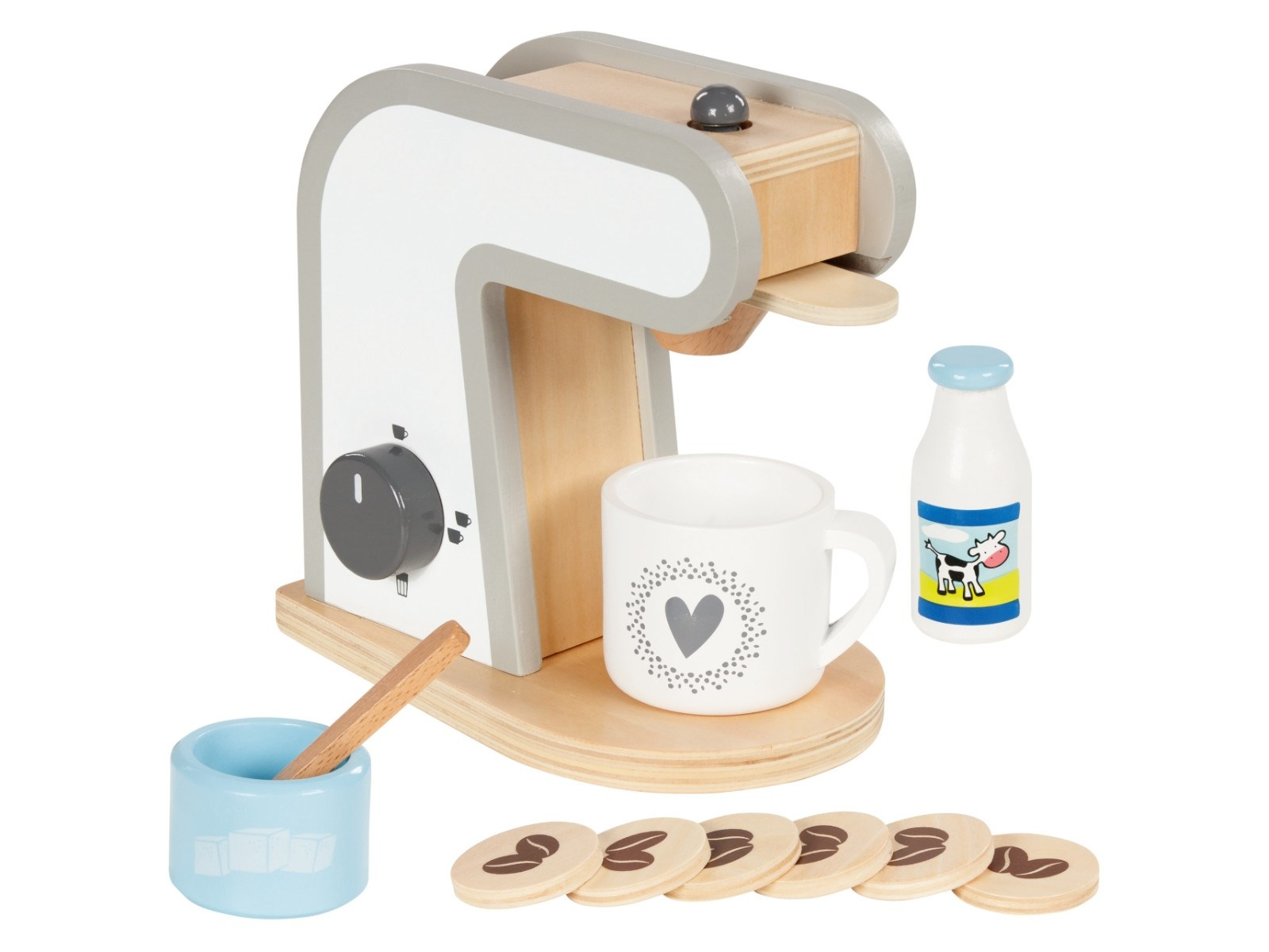 goki Kinder Kaffeemaschine aus Holz, 13-teilig, bunt lackiert Maße 17,5 x 10,5 x 16,5 cm