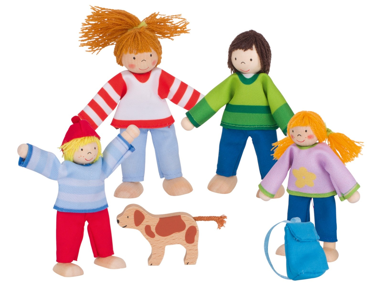 goki Biegepuppen Camping Familie 4 Personen und 1 Hund Maße 9-11 cm