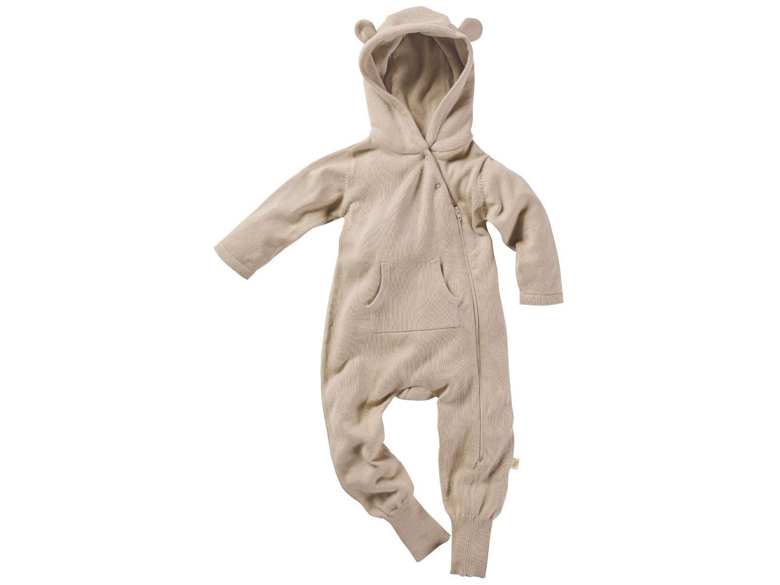 Baby Overall mit Kapuze Strick-Qualität Bio-Baumwolle beige melange Gr.74/80