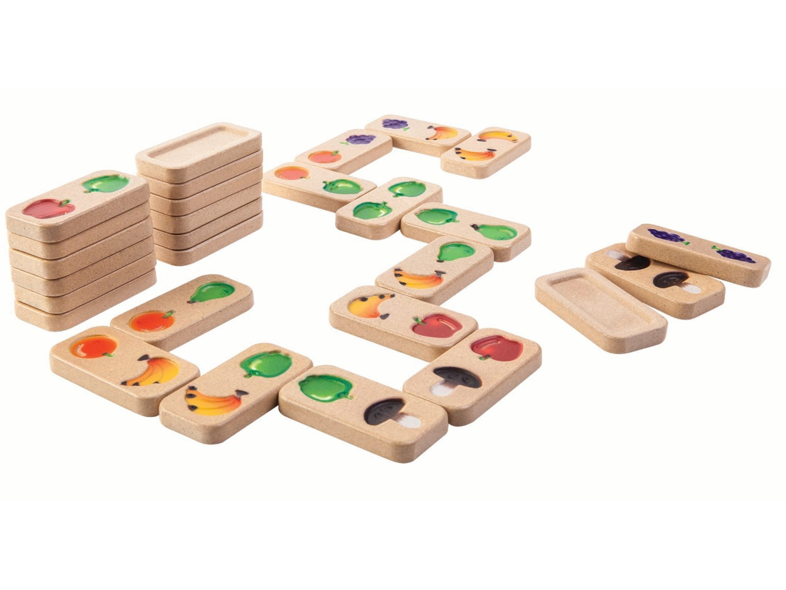 PlanToys Domino "Obst und Gemüse" aus recyceltem Kautschukholz Maße 3,9 x 8,0 x 1,0 cm