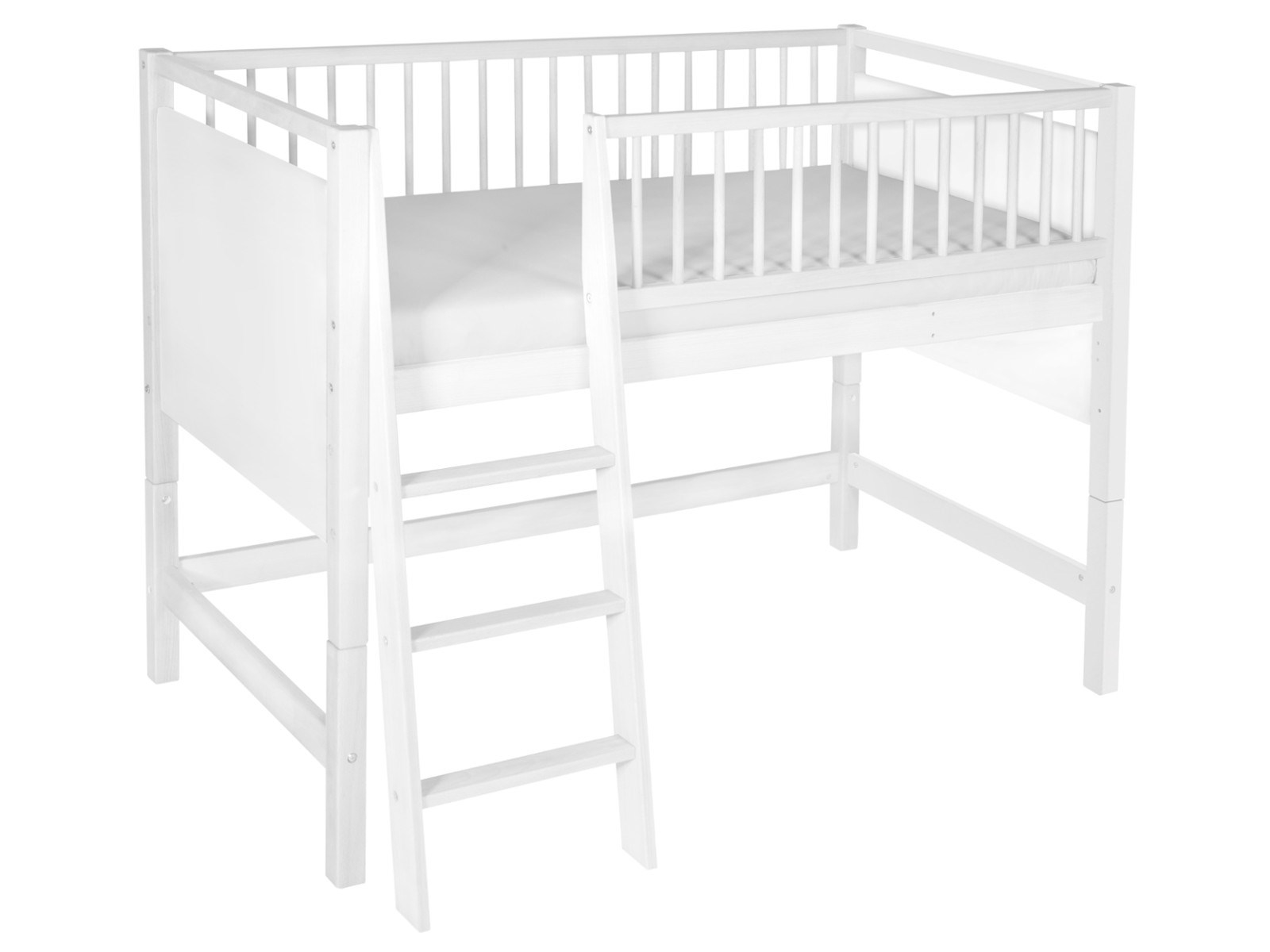 Hochbett 3-in-1, Buche massiv, weiß lackiert Gitterbett als Baby-, Junior- und Hochbett