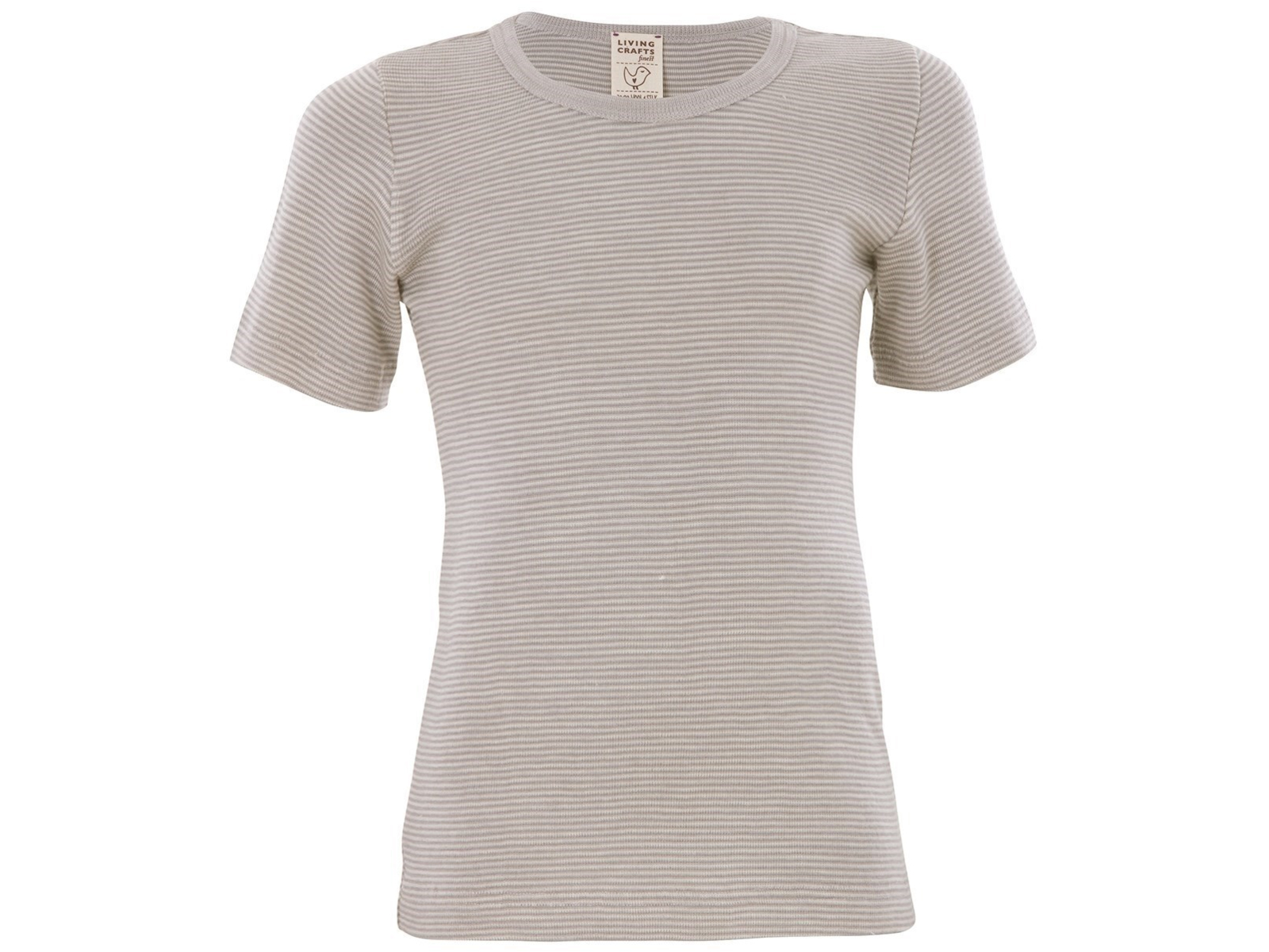 Living Crafts Kinder Unterhemd Kurzarm Wolle Seide grau-natur gestreift Gr.104
