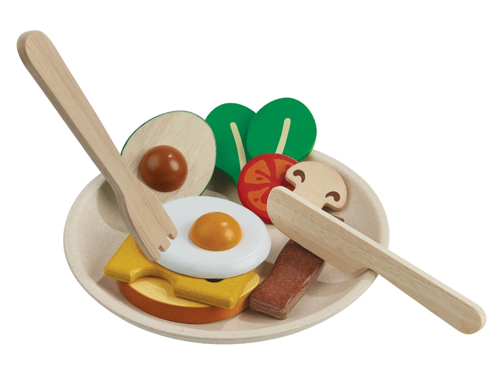 PlanToys Frühstück Set für die Kinderküche aus recyceltem Kautschukholz Durchmesser 16 cm, Höhe 1,9 cm