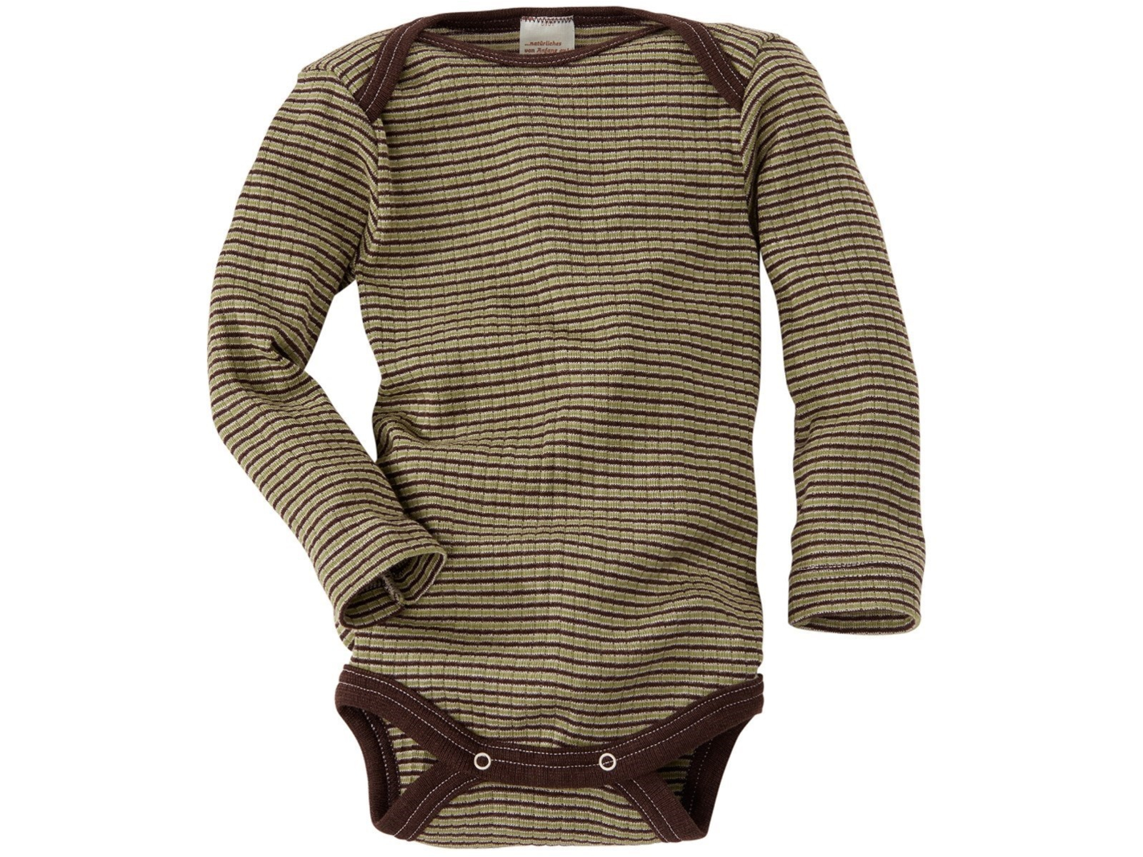 Cosilana Baby Body Langarm Baumwolle-Wolle-Seide grün-braun-geringelt Gr.74/80