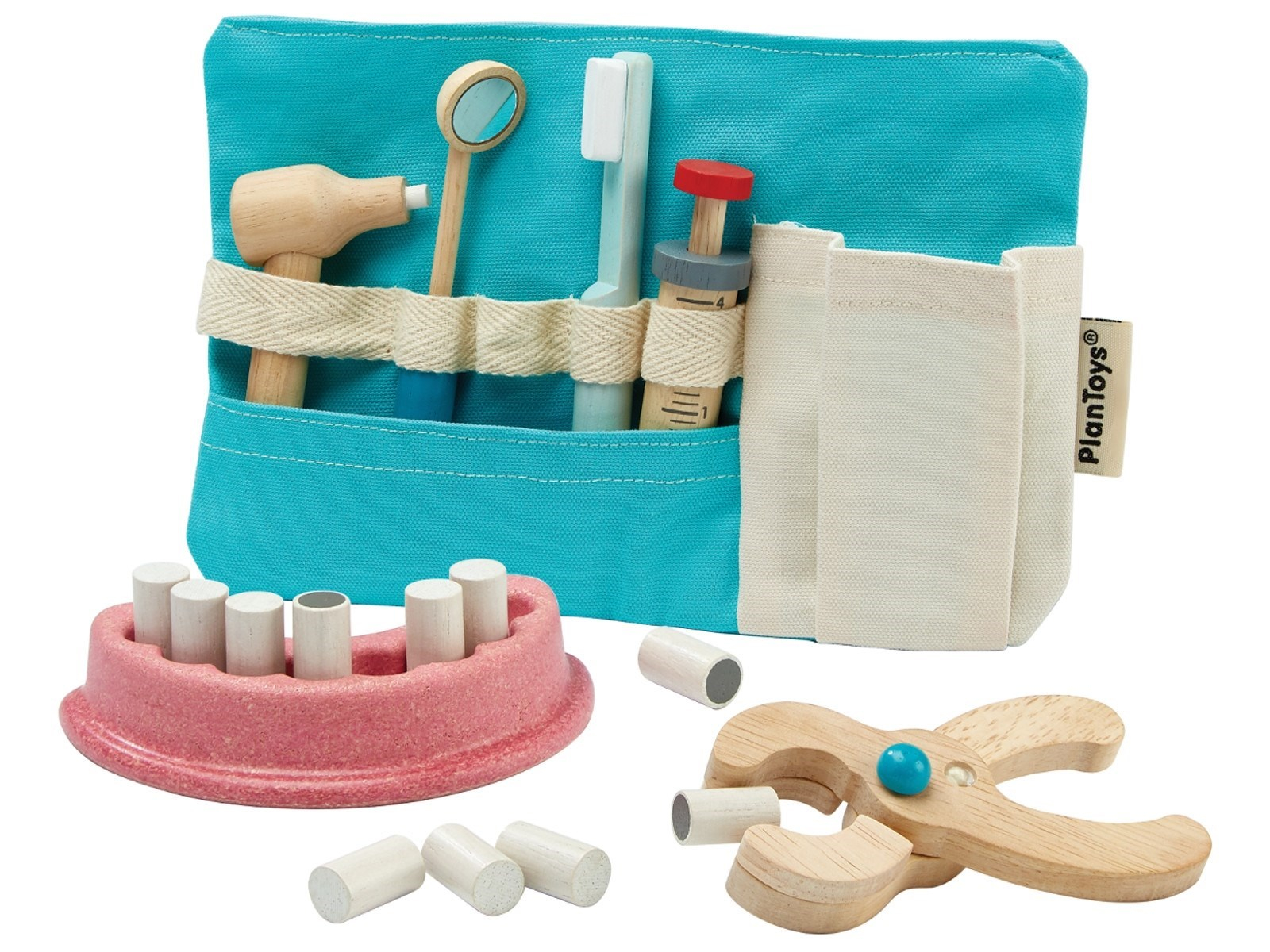 PlanToys Kinder Zahnarzt Set mit Zubehör aus Kautschukholz Maße 15,5 x 23 cm