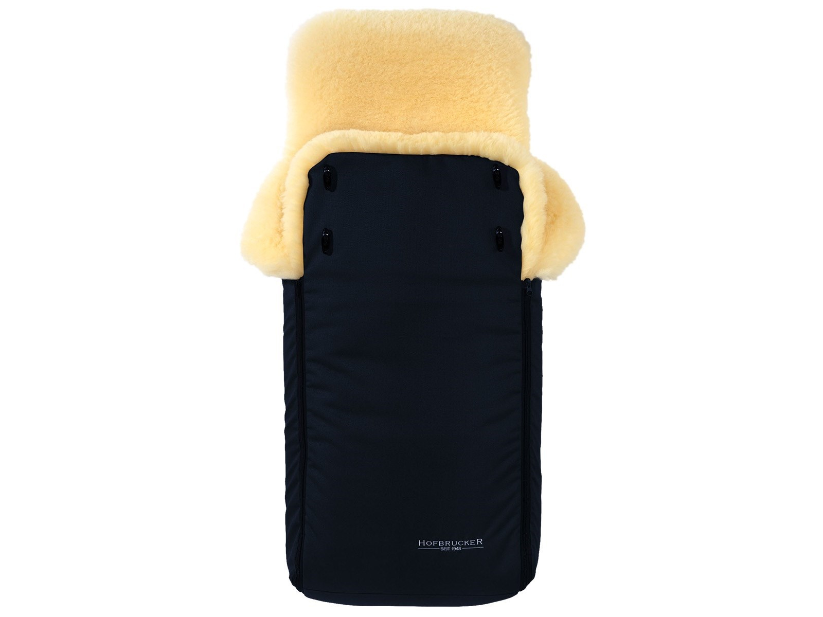 Hofbrucker Fußsack Kinderwagen Merino Lammfell "Luxus" navy blue Maße 95 x 34 x 15 cm