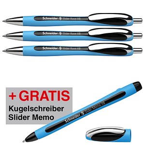 AKTION: Schneider Kugelschreiber Slider Rave XB blau, schwarz, Schreibfarbe: schwarz, 3 St. + GRATIS Schneider Kugelschreiber Slider Memo XB