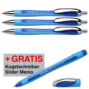 AKTION: Schneider Kugelschreiber Slider Rave XB hellblau/dunkelblau, Schreibfarbe: blau, 3 St. + GRATIS Schneider Kugelschreiber Slider Memo XB