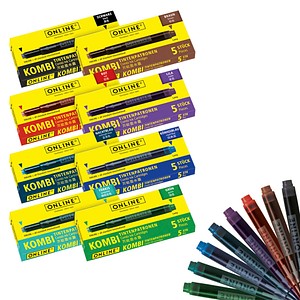 ONLINE® Kombi Tintenpatronen für Füller königsblau, schwarz, braun, nachtblau, lila, rot, grün, türkis 40 St.