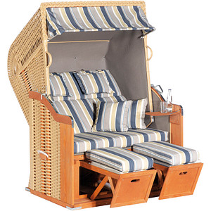 Sunny Smart® Strandkorb Rustikal 255 Plus blau, creme gestreift, weiß, beige Kunststoff, Holz, 9-teilig