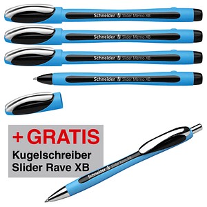 AKTION: Schneider Kugelschreiber Slider Memo hellblau/schwarz, Schreibfarbe: schwarz, 4 St. + GRATIS Schneider Kugelschreiber Slider Rave XB
