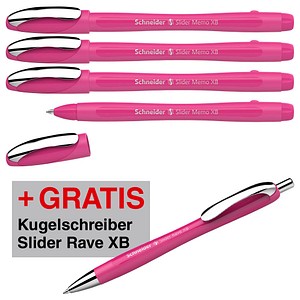 AKTION: Schneider Kugelschreiber Slider Memo pink, Schreibfarbe: blau, 4 St. + GRATIS Schneider Kugelschreiber Slider Rave XB pink