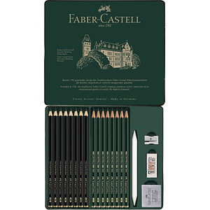 FABER-CASTELL Pitt Graphite Matt Bleistift-Set B, HB, 2B, 3B, 4B, 5B, 6B, 7B, 8B, 10B, 12B, 14B schwarz/grün mit Radierer, 1 St.