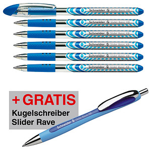 AKTION: Schneider Kugelschreiber Slider Basic blau/transparent, Schreibfarbe: blau, 6 St. + GRATIS Slider Kugelschreiber Rave XB, blau