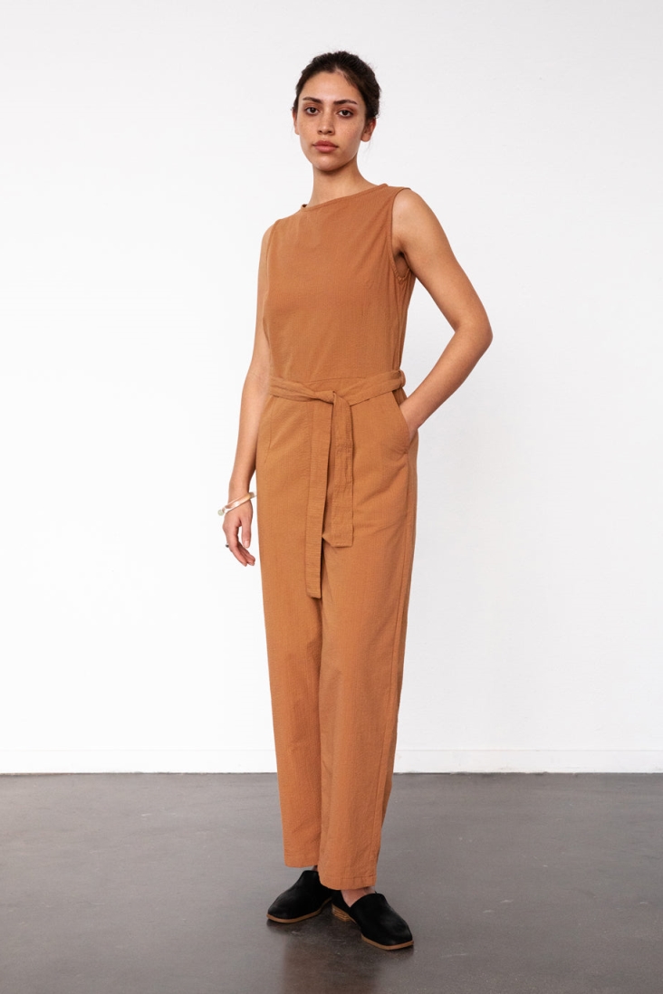 Rotholz Damen vegan Jumpsuit Ã„rmellos Seersucker Karamell