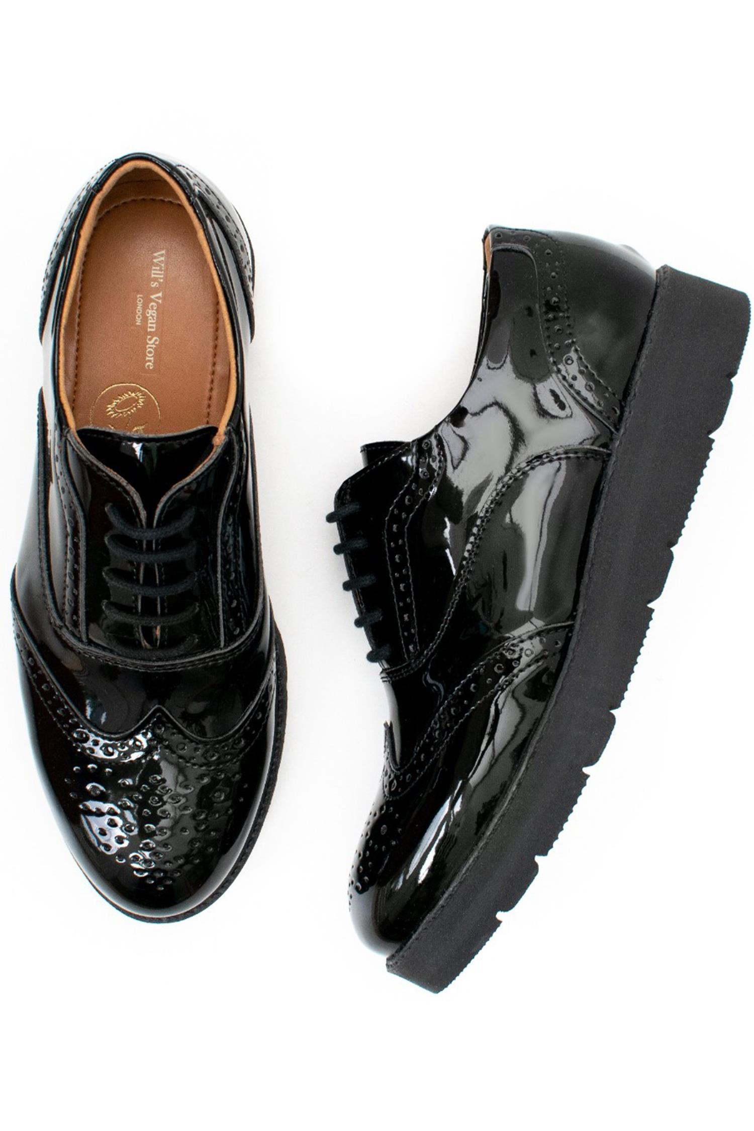 Will's Vegan Store Damen vegan Brogues Flatform Lack Schwarz