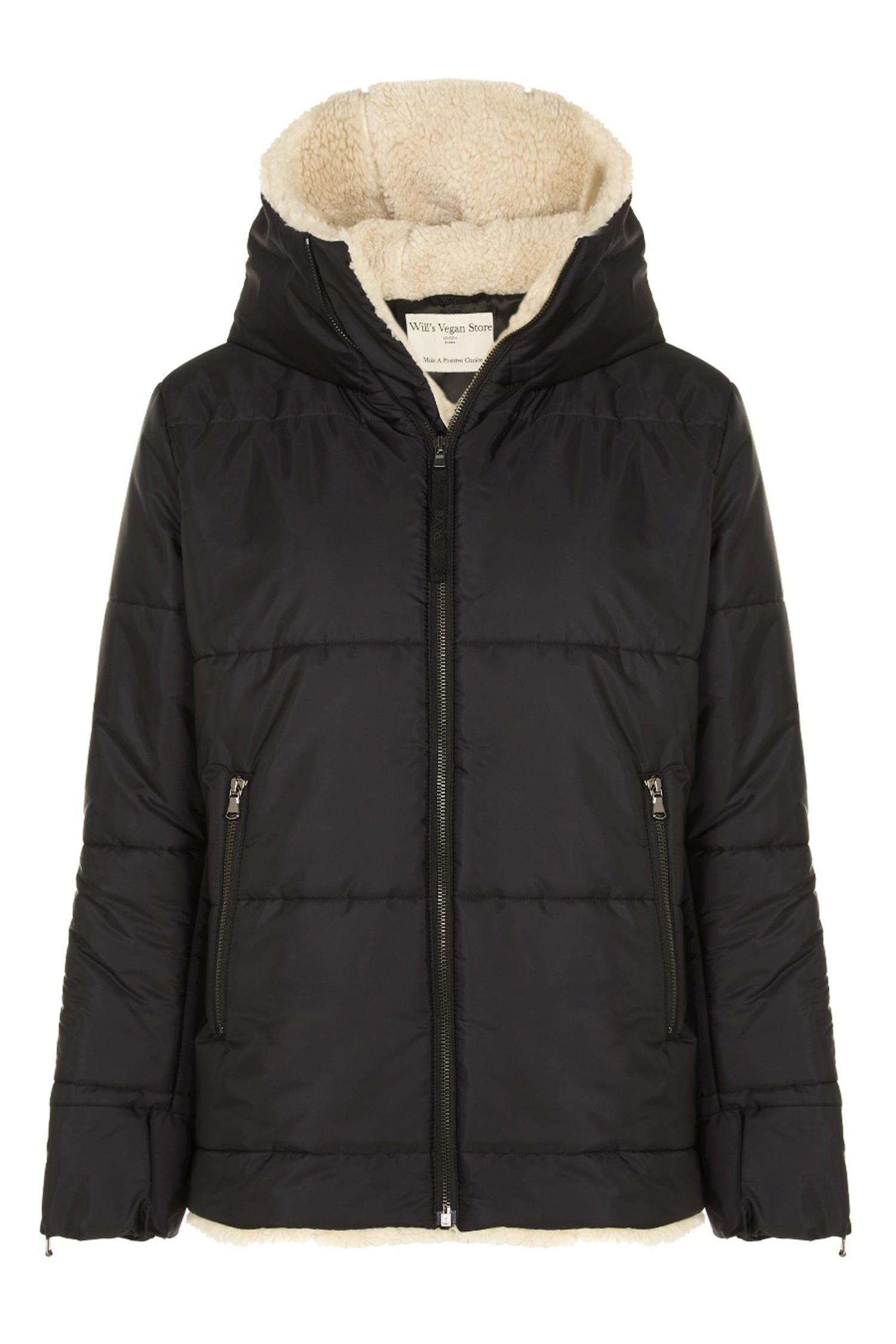 Will's Vegan Store Damen vegan Puffer Veganes Lammfell Schwarz & Creme