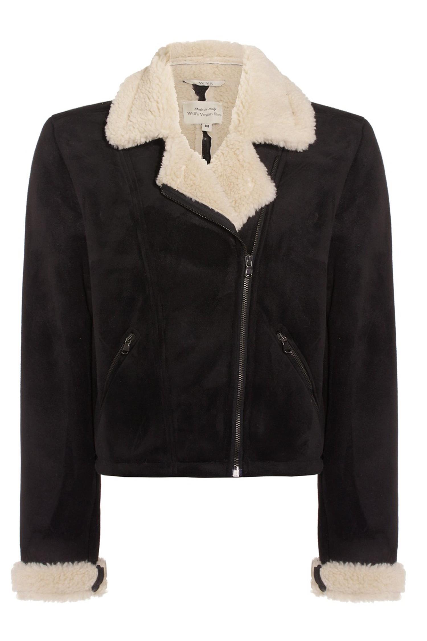 Will's Vegan Store Damen vegan Motorradjacke Schwarz Vegan Wildleder Vegan Shearling