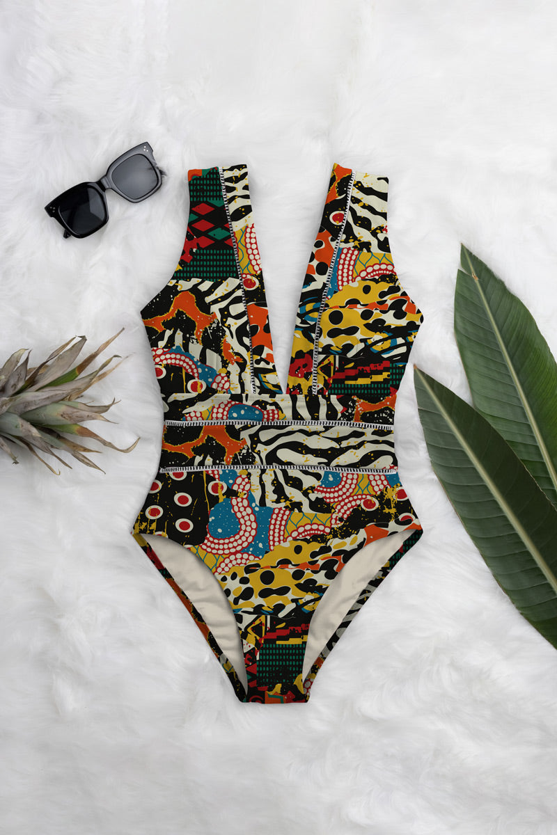 Averie Damen vegan Deep Plunge One-Piece Wilde Print Auf Schwarz | Harlow