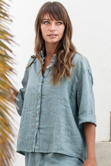 RAVENS VIEW IBIZA Damen vegan Leinenbluse Sommer Chinois GrÃ¼n