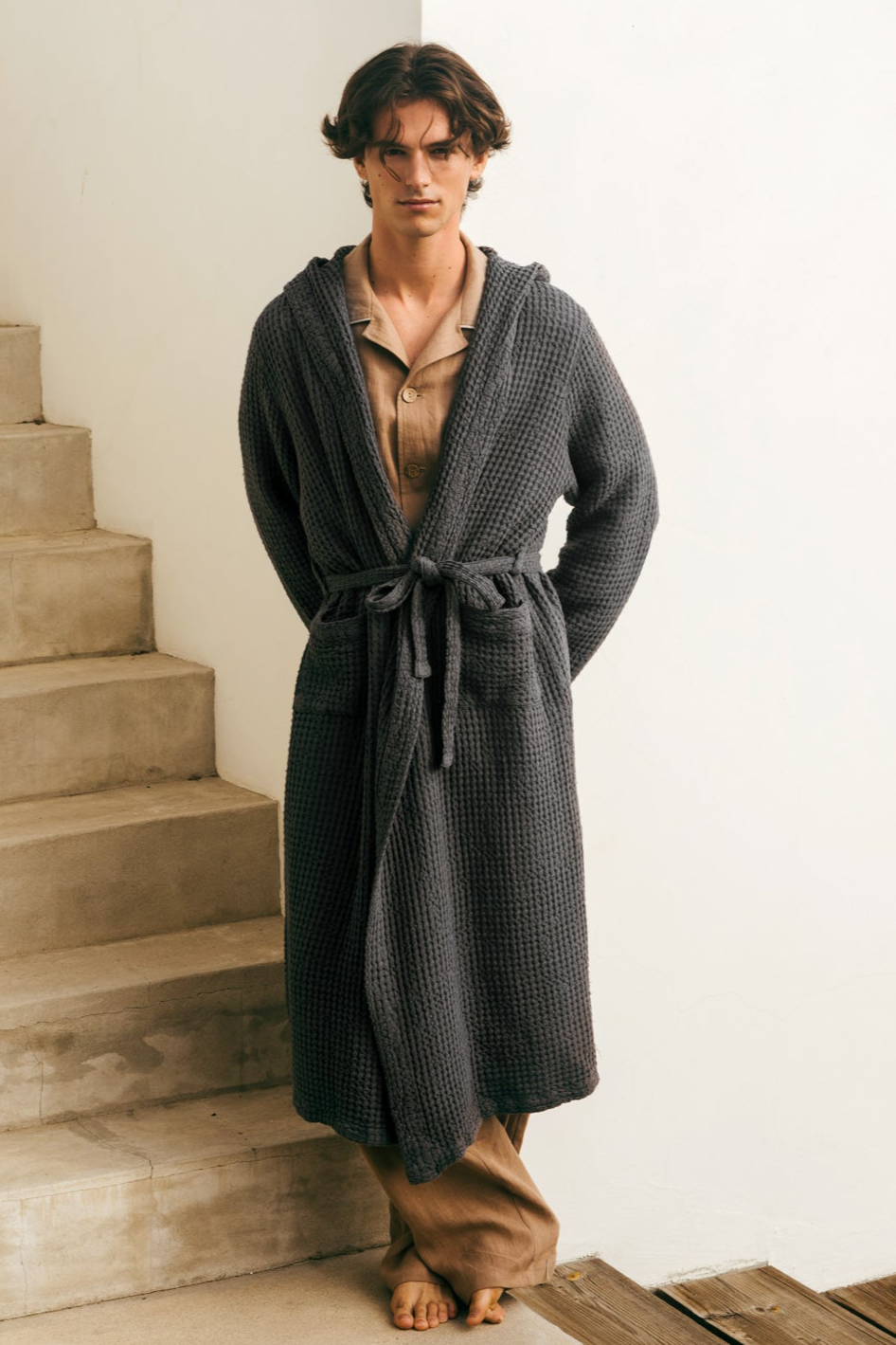 AmourLinen Herren vegan Bademantel Waffel Holzkohle