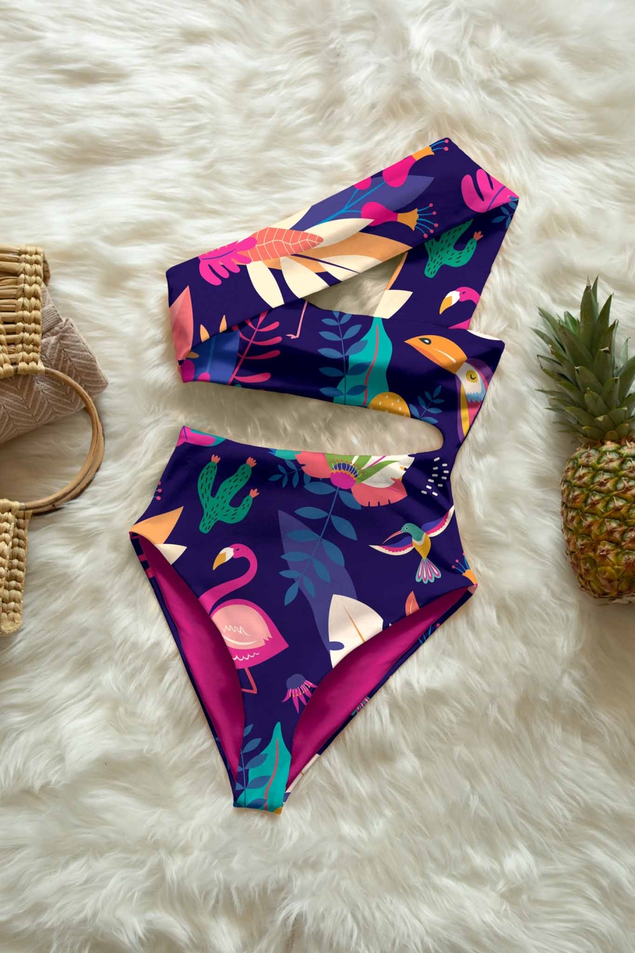 Averie Damen vegan Badeanzug Cut-Out One-Piece Rayne Tropical Wildlife On Deep Purple