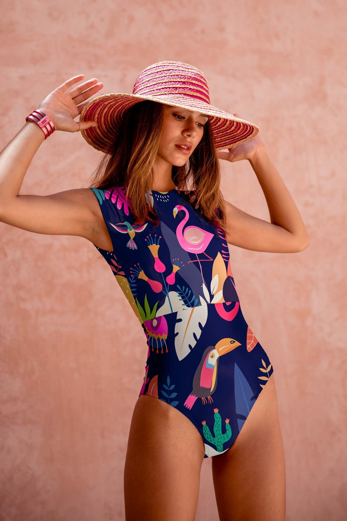 Averie Damen vegan Badeanzug Zip Up One-Piece Rayne Tropical Wildlife On Deep Purple