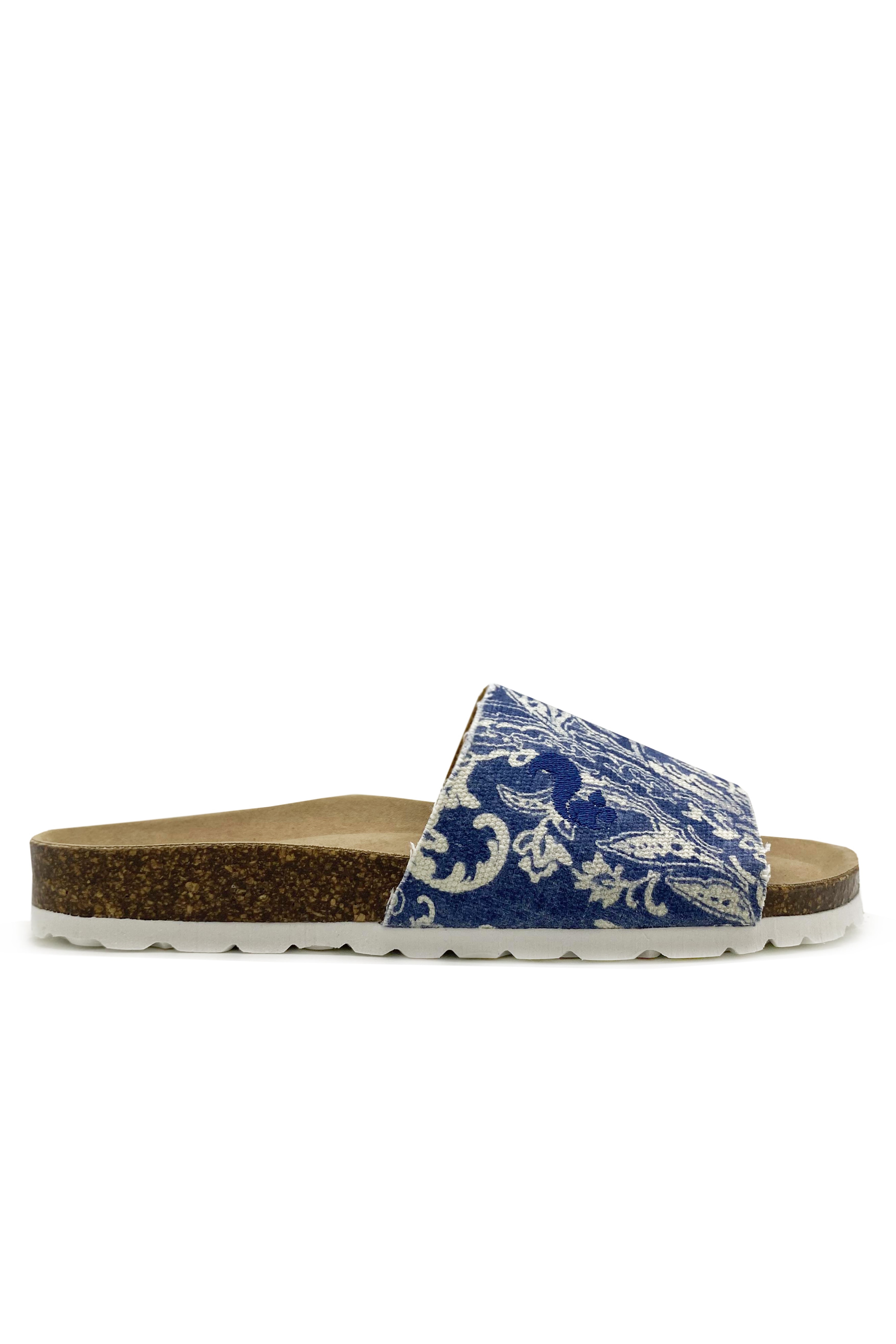 thies Damen vegan Pantoletten Rec Denim Pool Paisley Blau