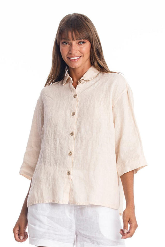 RAVENS VIEW IBIZA Damen vegan Leinenbluse Sommer Sand