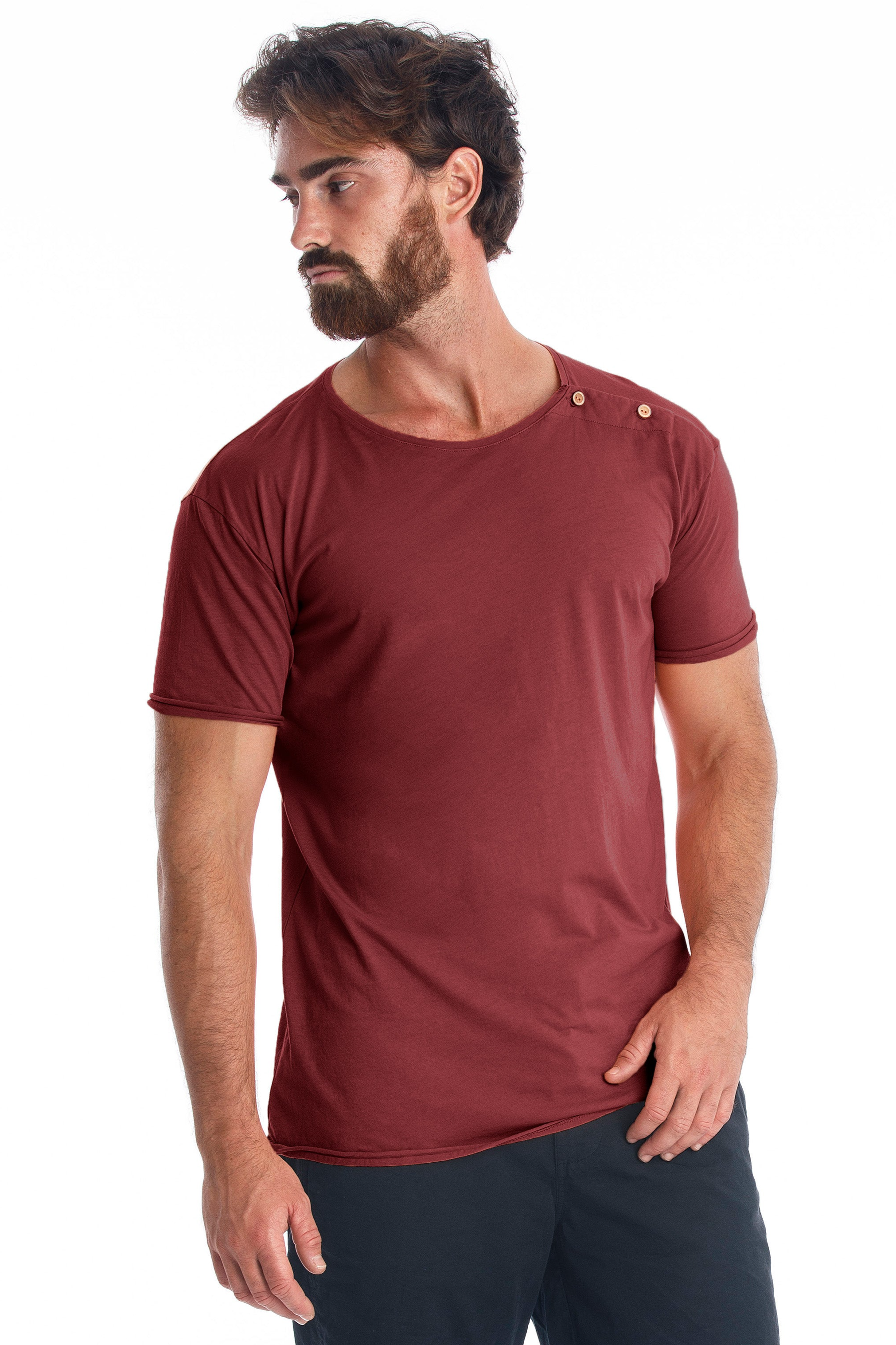 RAVENS VIEW IBIZA Herren vegan Tee Egan Knopf Dunkel Granat