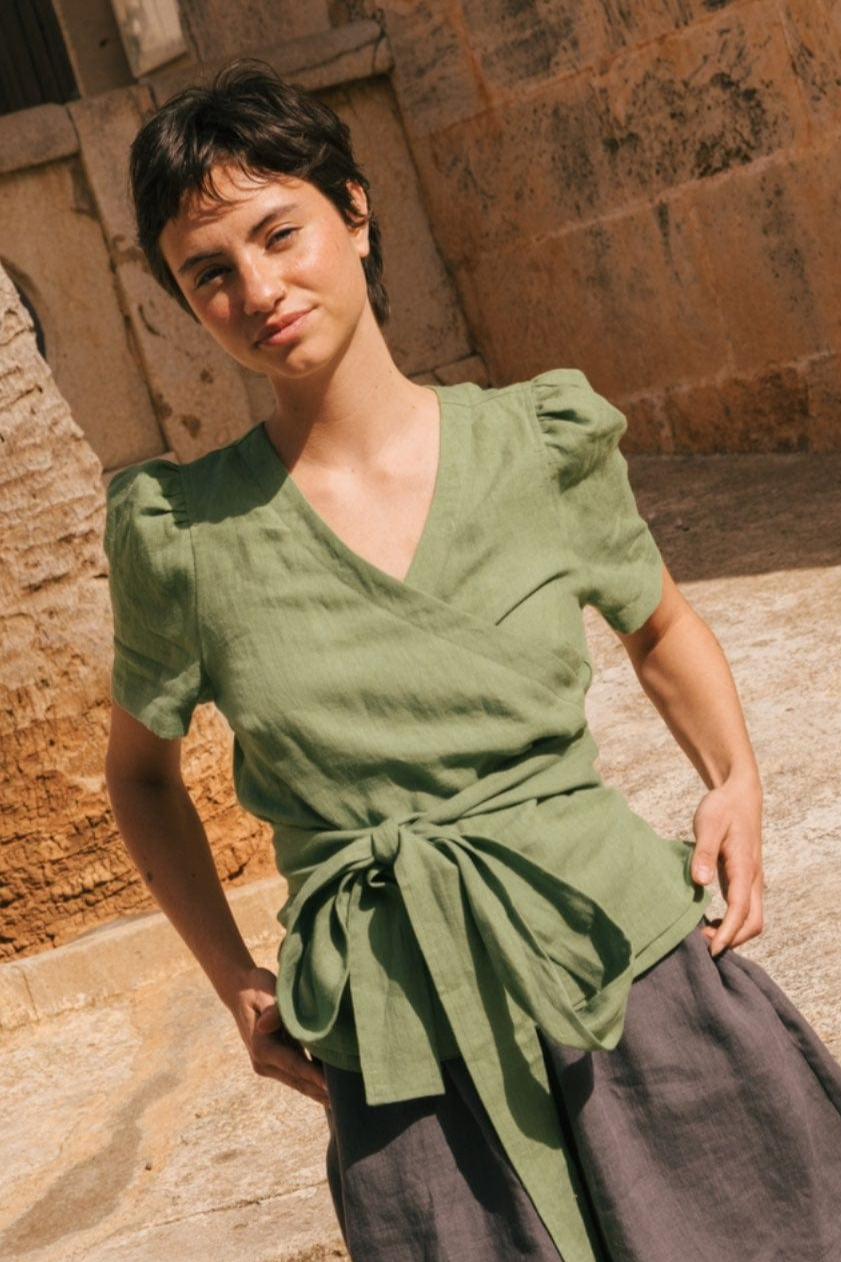 AmourLinen Damen vegan Wickel-Top Elisa Matcha Grün