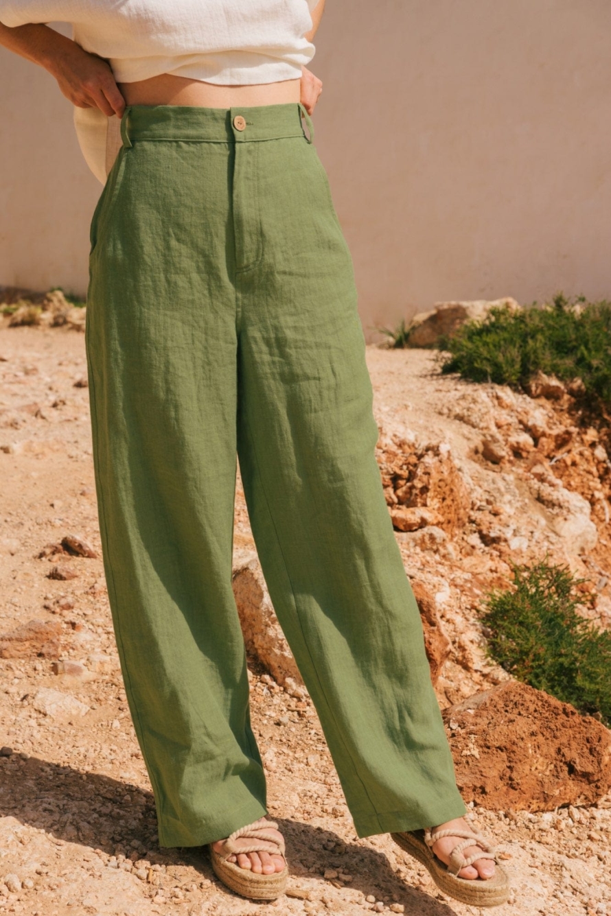 AmourLinen Damen vegan Hose Straight Barbora Matcha Grün
