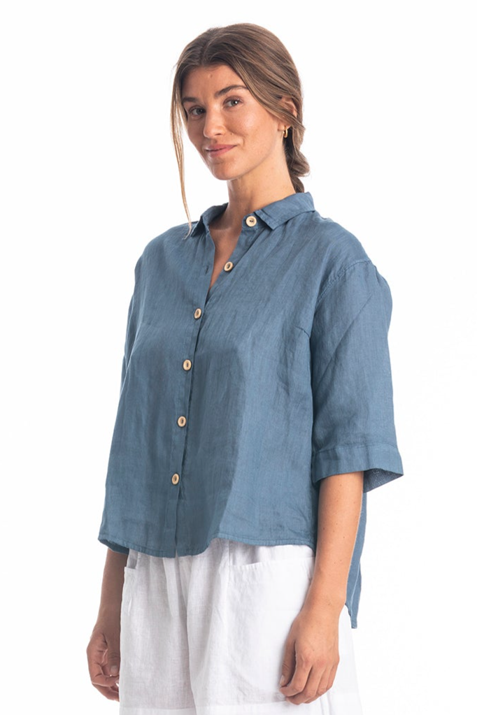 RAVENS VIEW IBIZA Damen vegan Bluse Sommer Jeans Blau