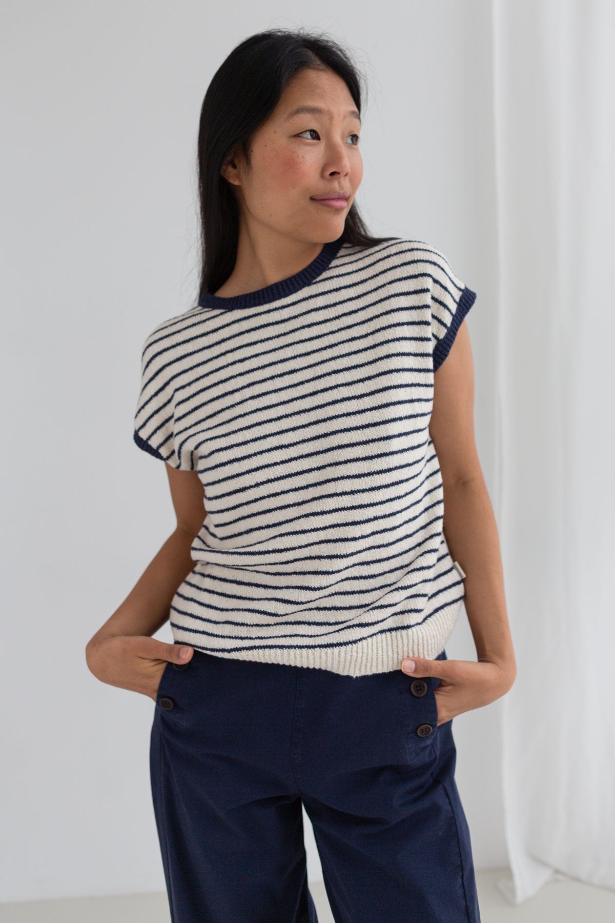 TWOTHIRDS Damen vegan Stricktop Marinella Kobaltblau Gestreift