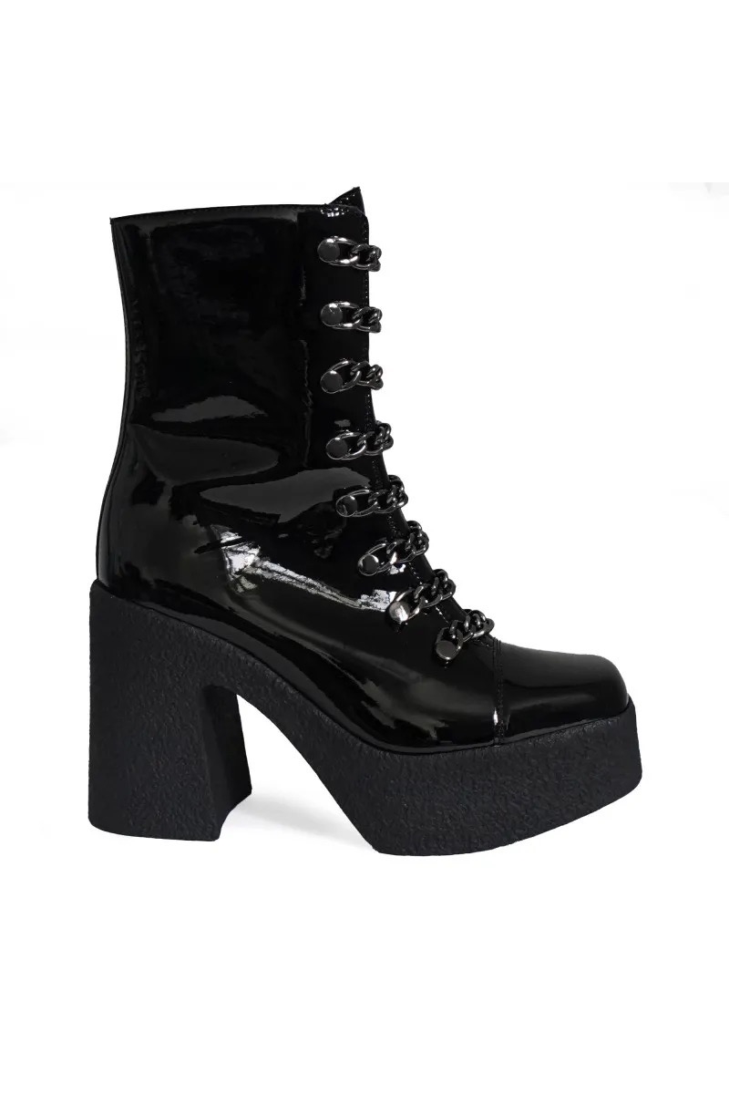 Altercore Damen vegan Stiefel Adele Schwarz Lack